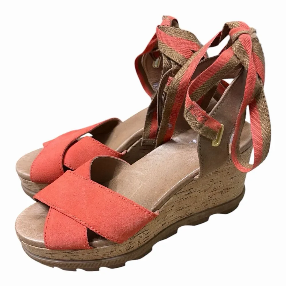 SOREL Joanie II High Ankle Lace Wedge Sandals 9.5 Orange Cork Sporty Gladiator